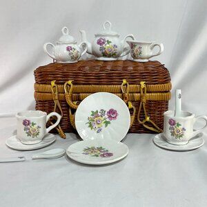 Vintage Wicker Picnic Basket Tea Set for Dolls